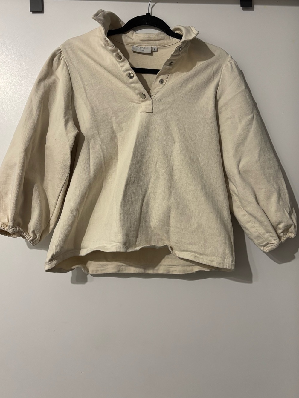 Cream Quarter Snap Puff Sleeve Pullover Top Neutral